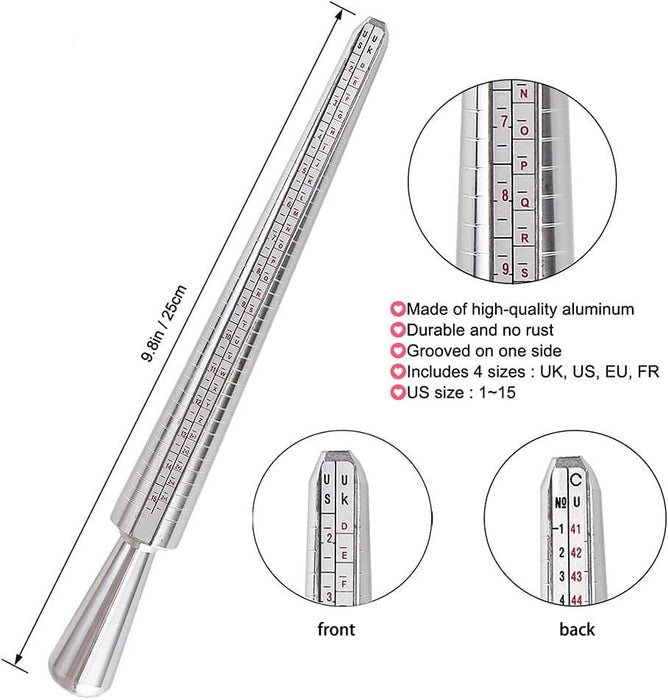 USUK EU FR Ring Sizer Measuring Tool, Metal Ring Sizing Kit with Finger Sizer Mandrel for Jewelry Sizing Measuring. - Jewelry Packaging Mall